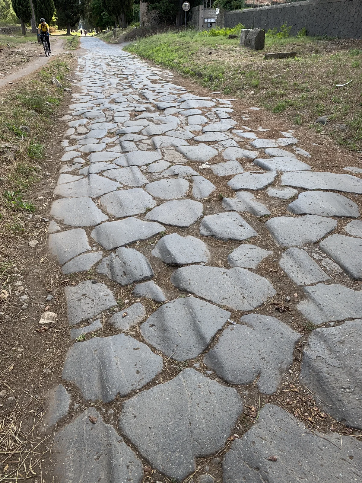 A close view shows irregular grey volcanic paving blocks, worn joints and the unpaved verge of the Via Appia.