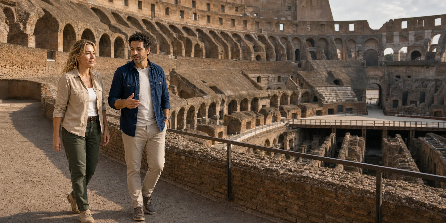 The two ExcursionPass presenters walk beside the exposed hypogeum inside the Colosseum