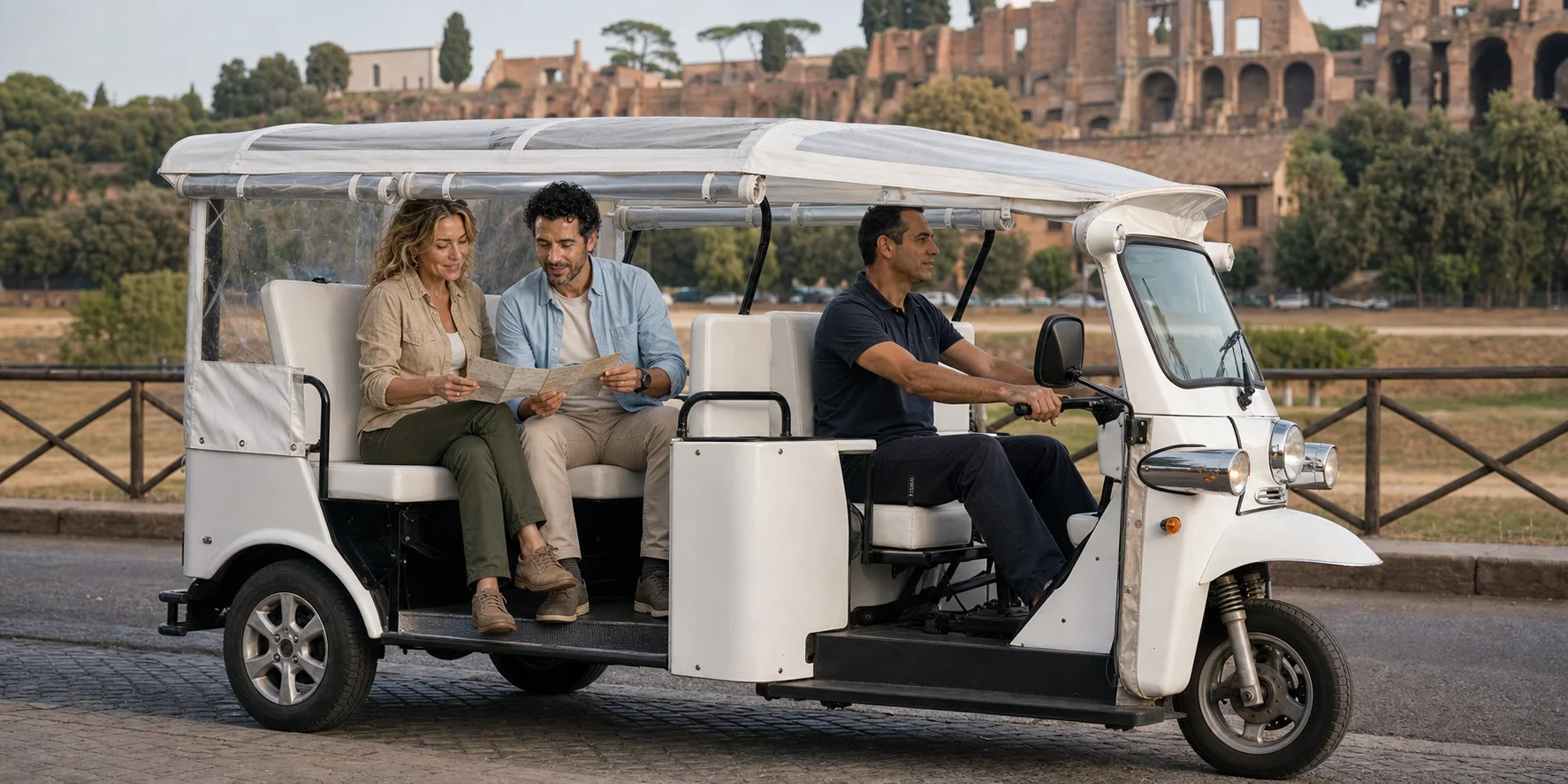 The two ExcursionPass presenters study a city map beside a white electric tuk tuk at Circus Maximus, with the Palatine behind them