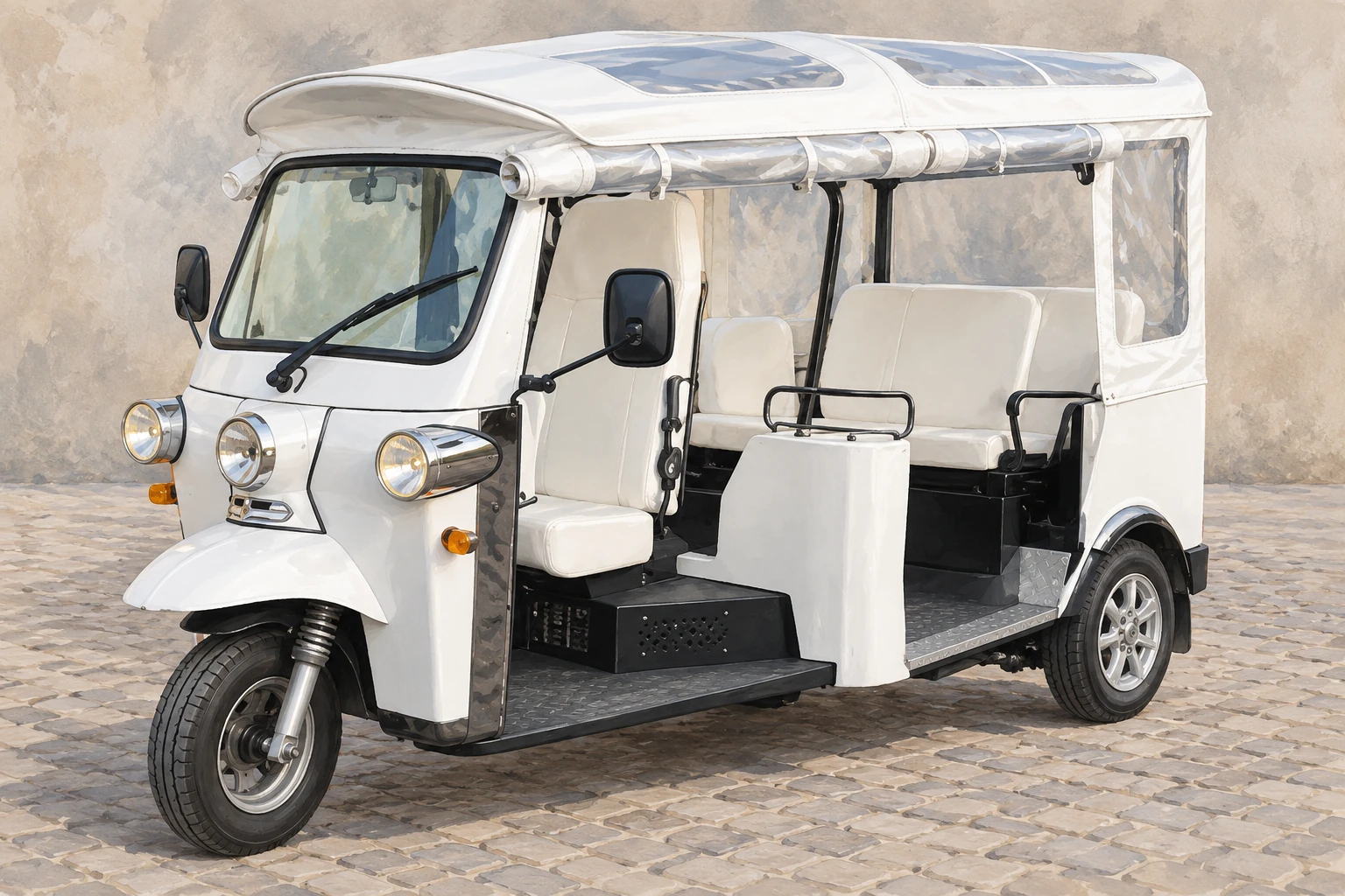 An editorial illustration of a compact white tuk tuk shows its open passenger-side entry, canopy and seating arrangement.