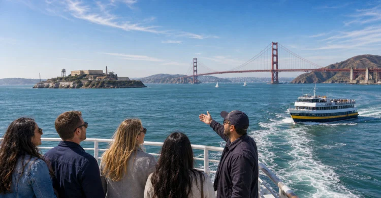 A guide gestures from an excursion-vessel deck as Alcatraz, the Golden Gate Bridge and another passenger vessel occupy the same bay view