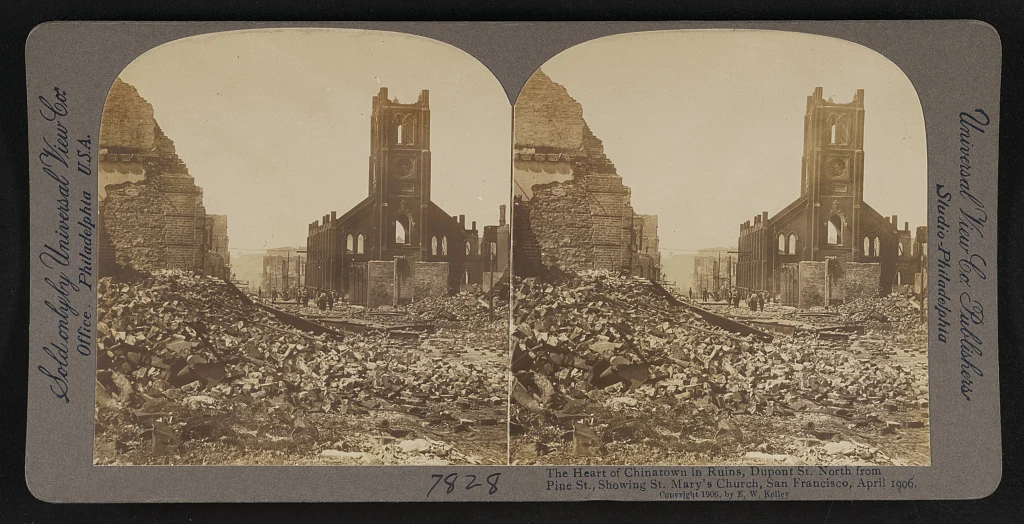 A 1906 stereograph shows rubble, people and St Mary’s Church in the ruined heart of Chinatown