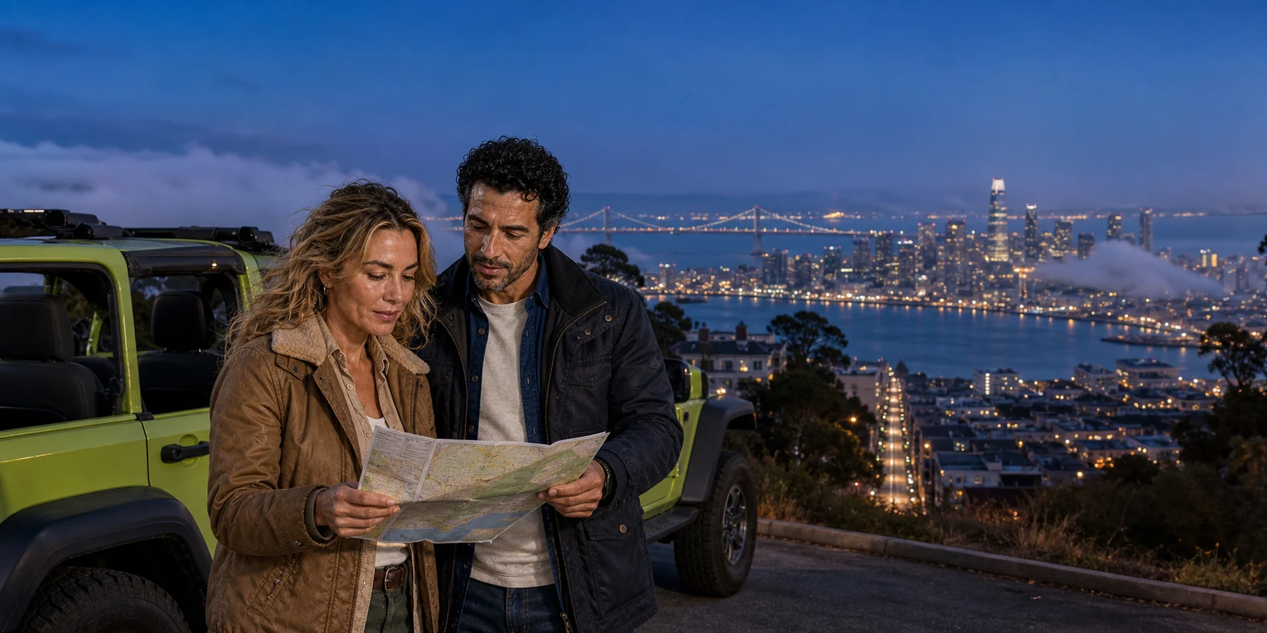 The ExcursionPass presenters consult a city map beside an open-top vehicle at blue hour above San Francisco Bay