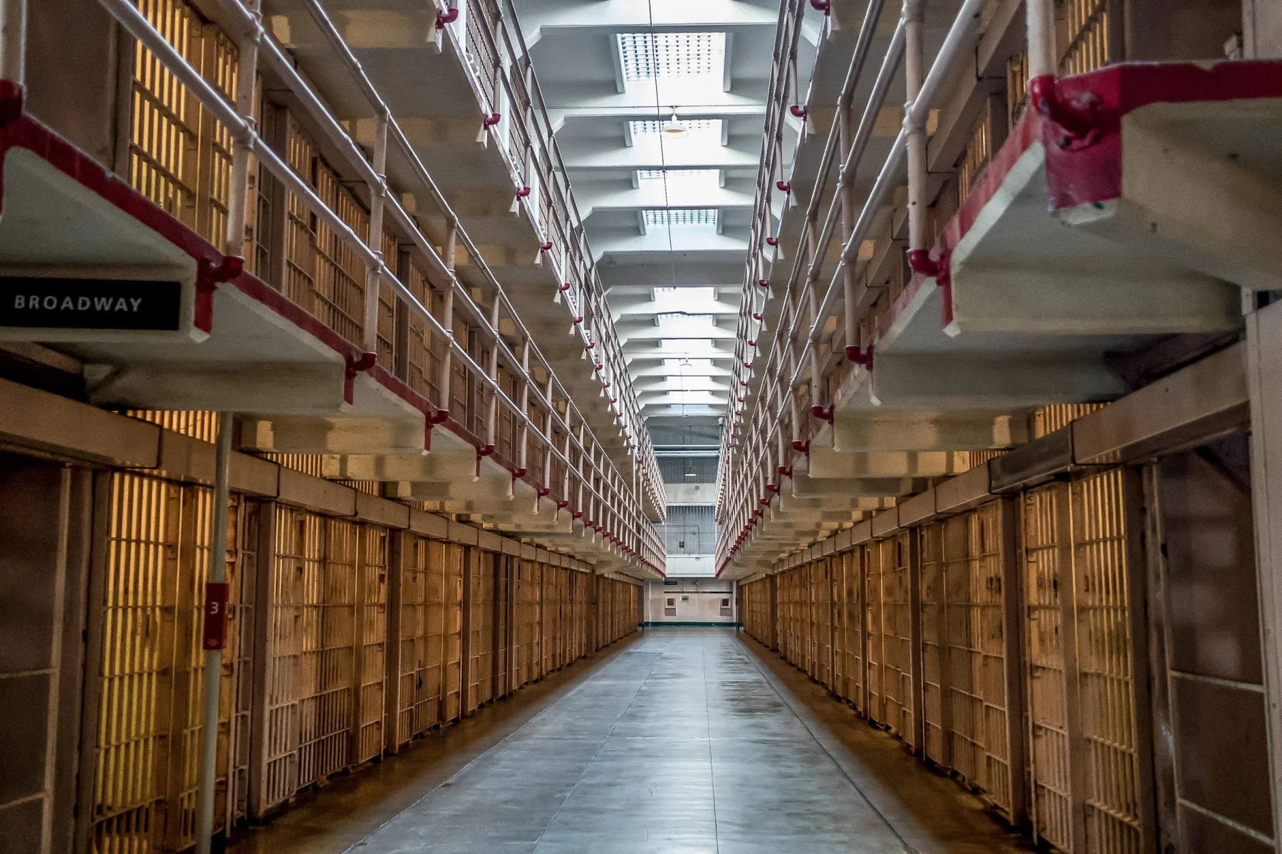 The Broadway corridor between three tiers of cells inside the Alcatraz Cellhouse