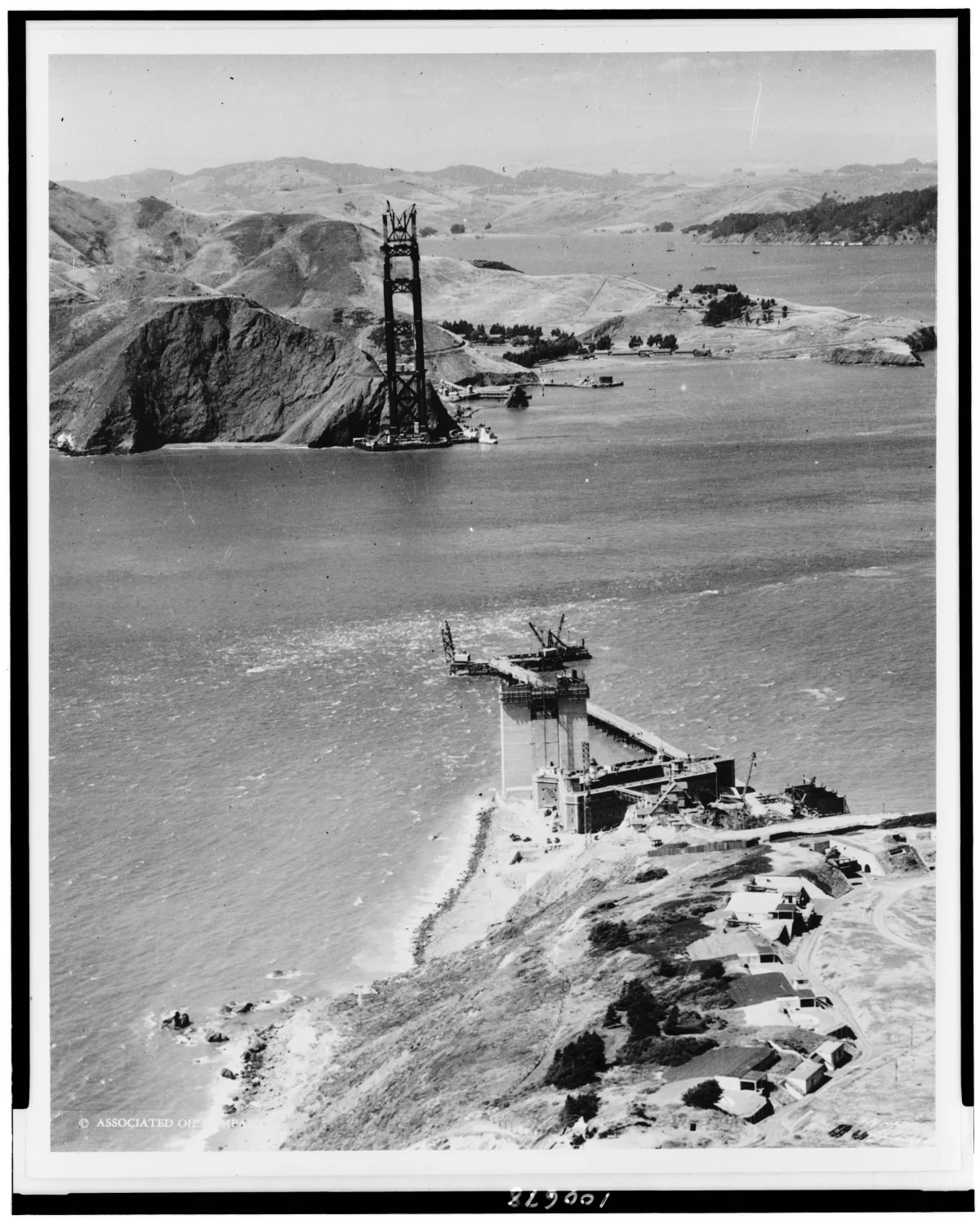 The Golden Gate Bridge towers under construction in 1934