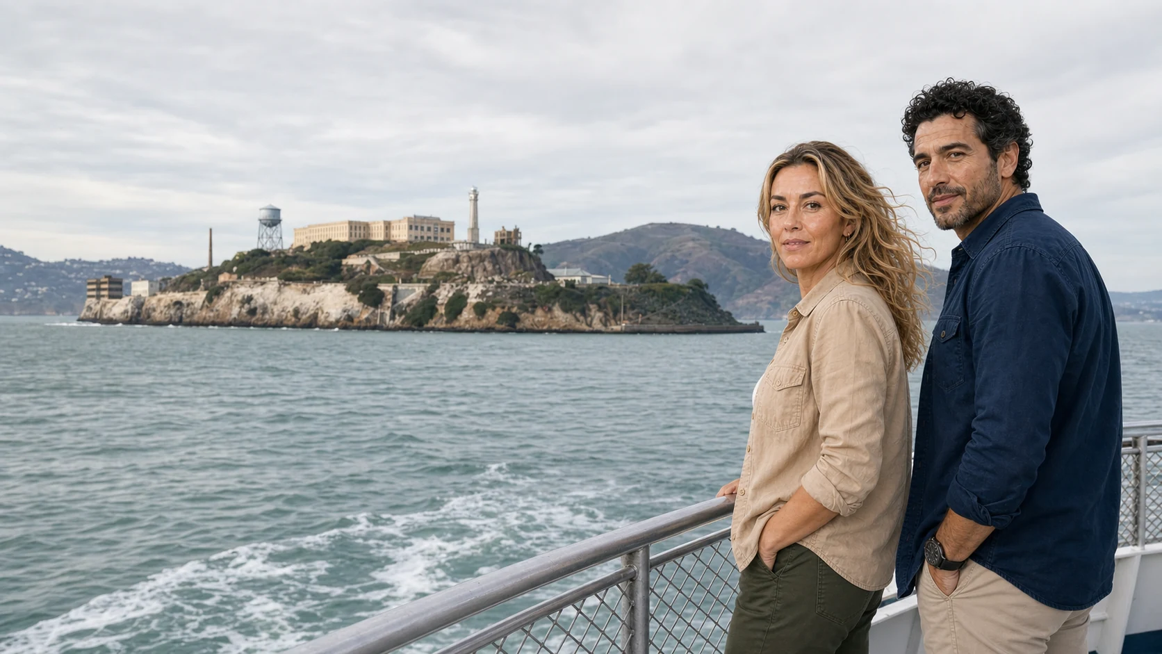 The ExcursionPass presenters aboard a ferry with Alcatraz Island across the bay
