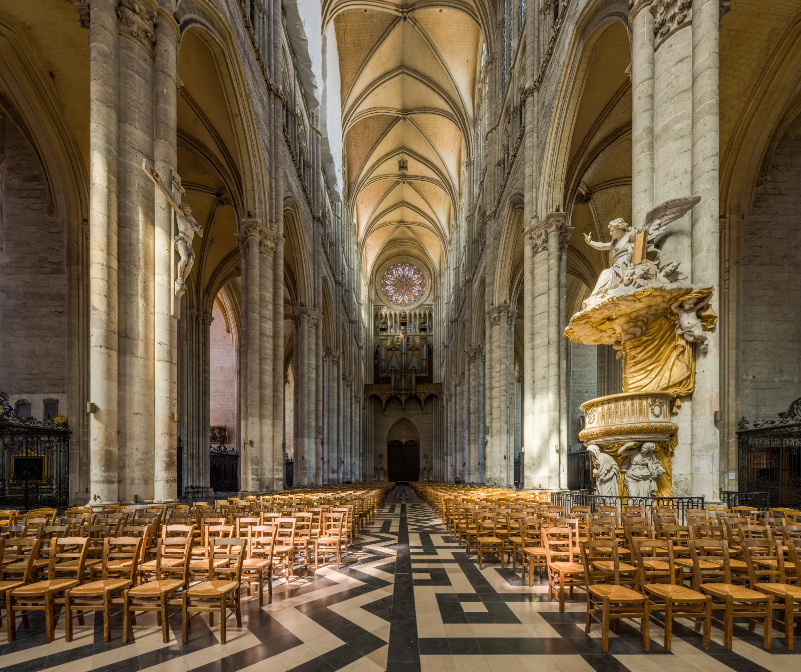 Amiens Cathedral's nave rises through clustered columns, pointed arches and rib vaults.