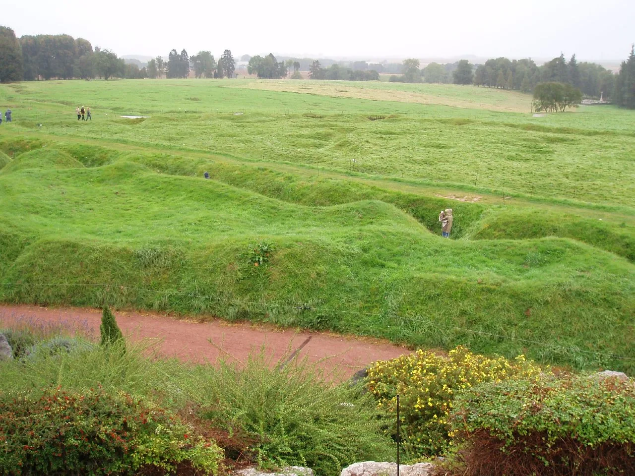 Preserved trench lines curve through grass at the Beaumont-Hamel Newfoundland Memorial.