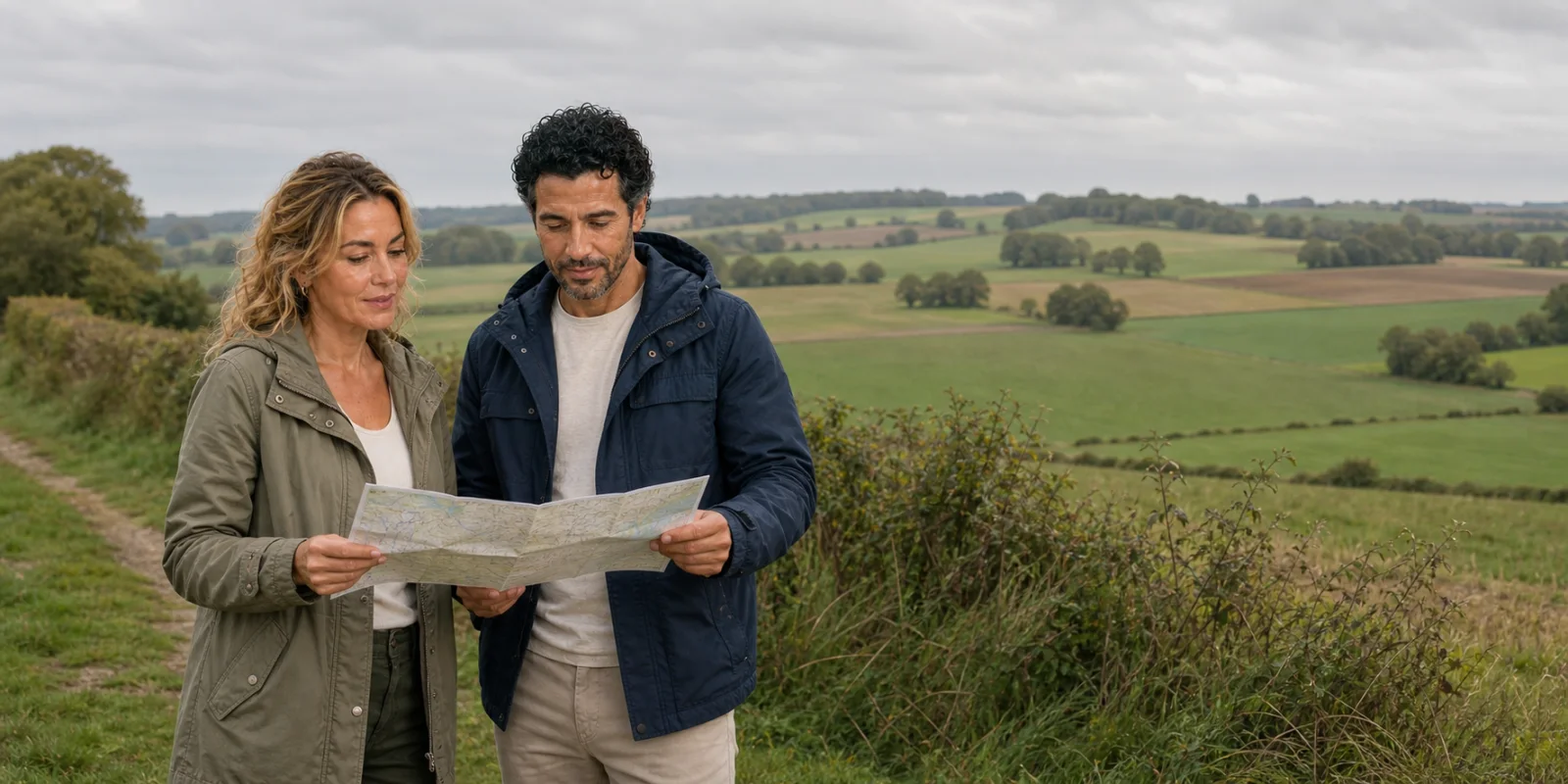 Two ExcursionPass presenters study a route map beside fields in the present-day Somme landscape