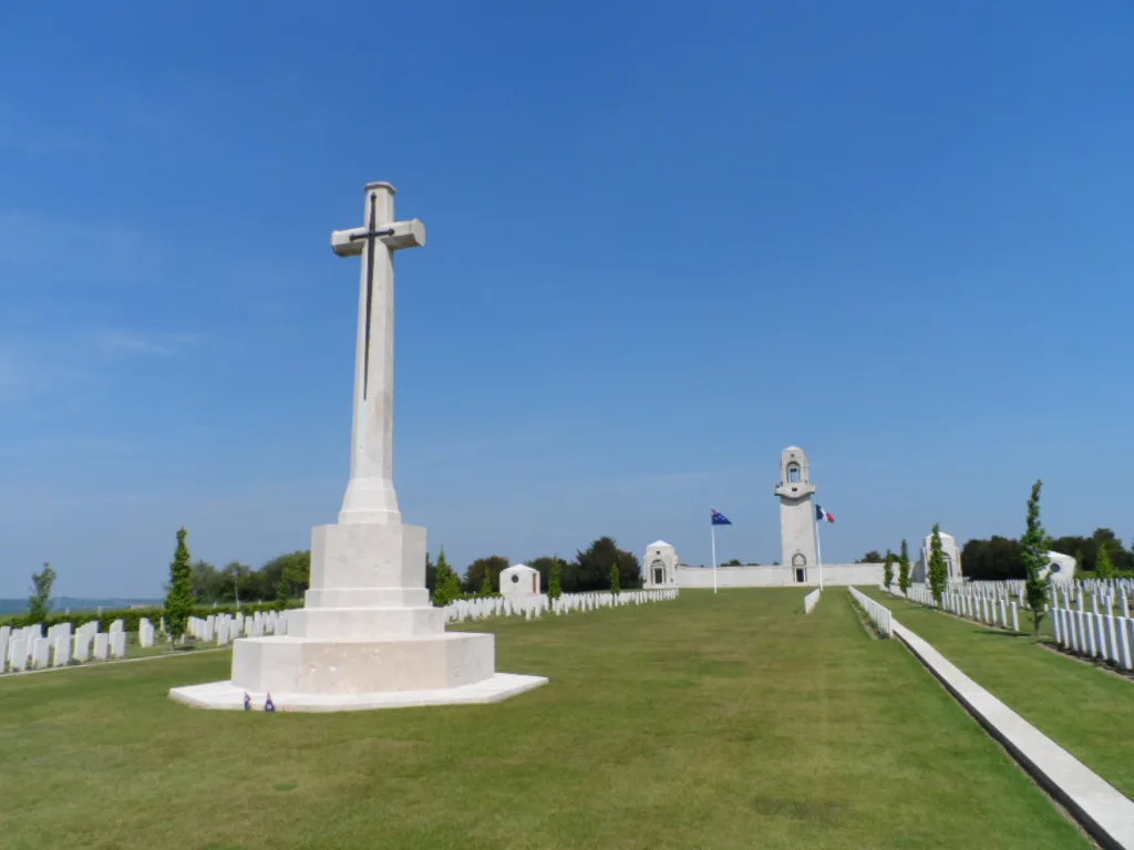 The Australian National Memorial at Villers-Bretonneux stands above the cemetery and the surrounding countryside.