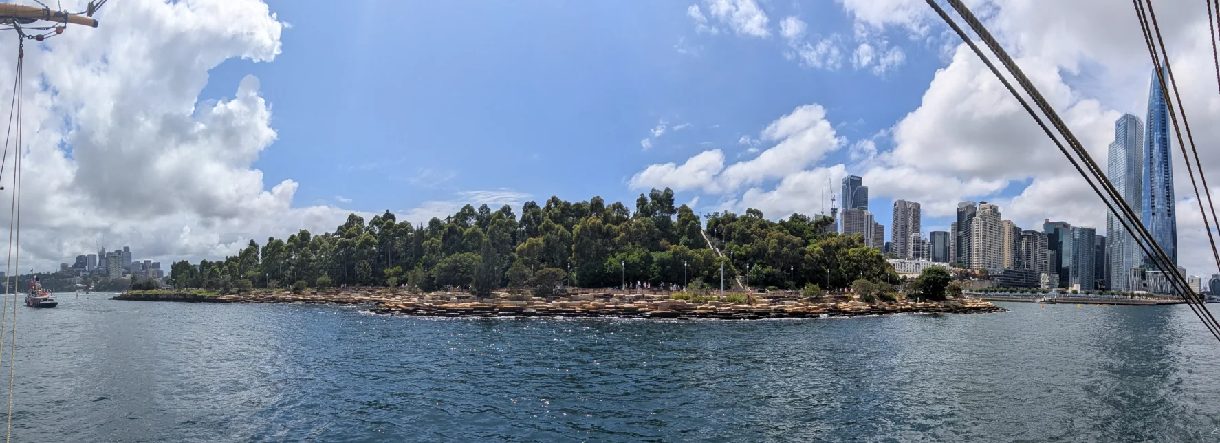 Barangaroo Reserve appears as a reconstructed planted headland between harbour water and the high-rise city.