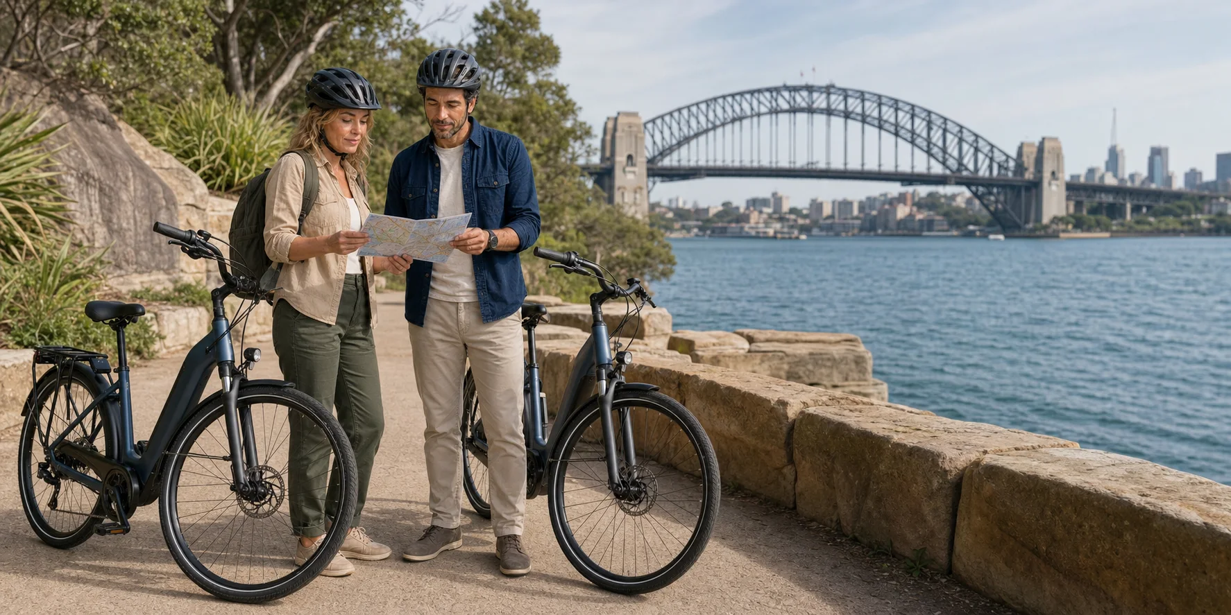 The ExcursionPass presenters pause with two electric bikes beside Sydney Harbour and study a cycling map, with the Harbour Bridge beyond