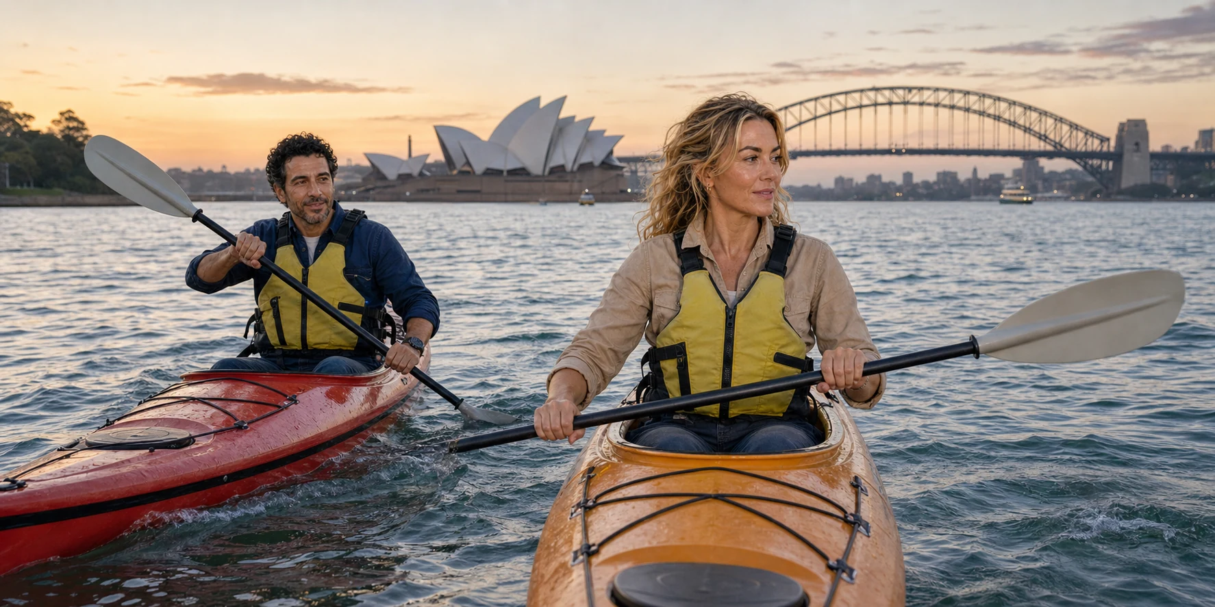 The two ExcursionPass presenters paddle separate single kayaks on Sydney Harbour at first light, wearing fitted PFDs with the Opera House and Harbour Bridge in the distance