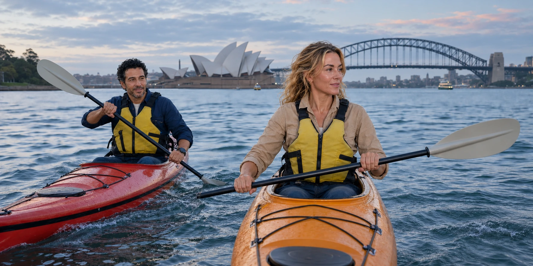 The ExcursionPass presenters paddle separate single kayaks on Sydney Harbour at first light
