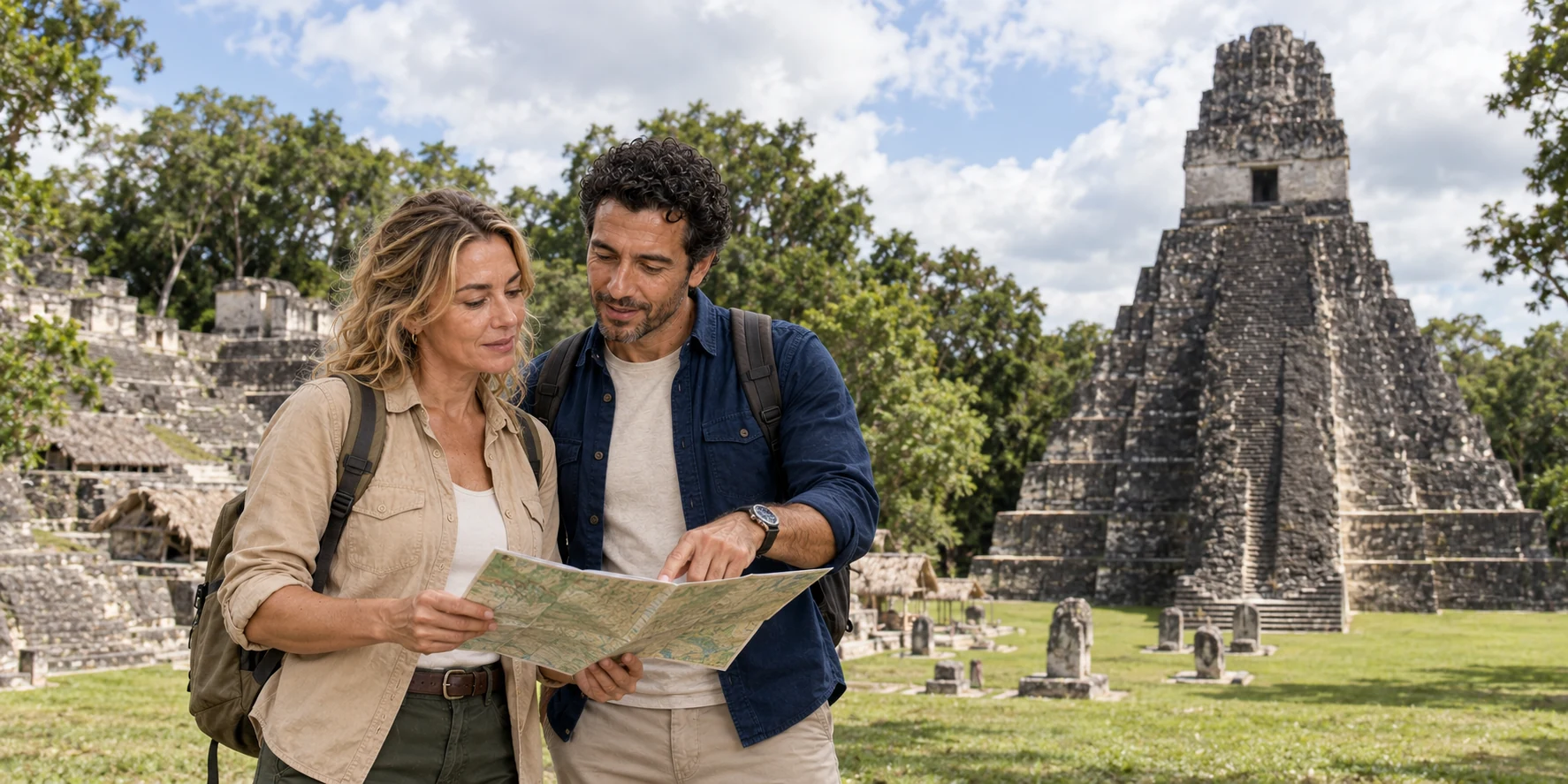 Two ExcursionPass presenters compare a map in an AI-generated illustration of Tikal’s Great Plaza