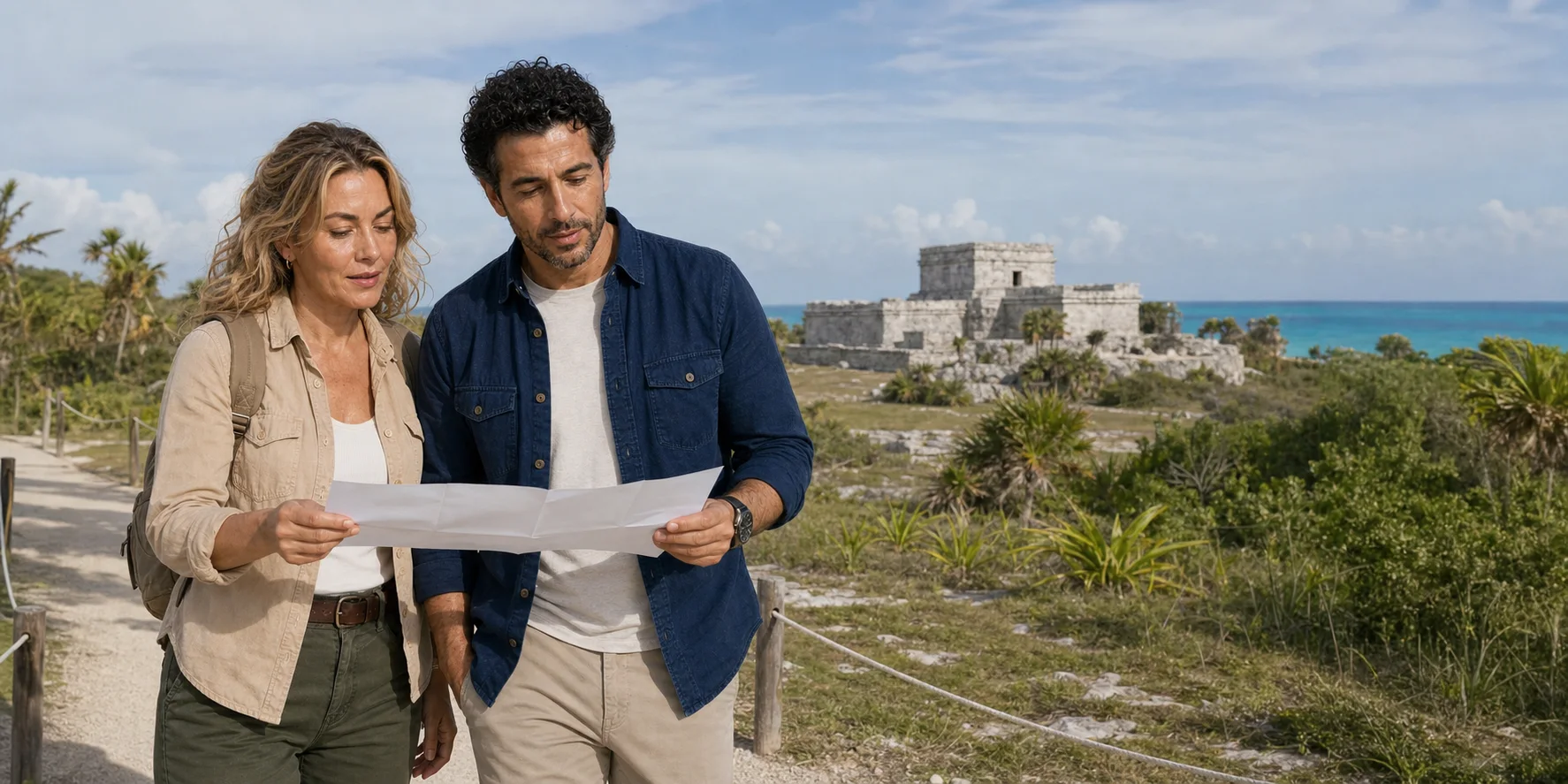 The two ExcursionPass presenters compare a blank site map on a public path at Tulum, with El Castillo and the Caribbean behind them