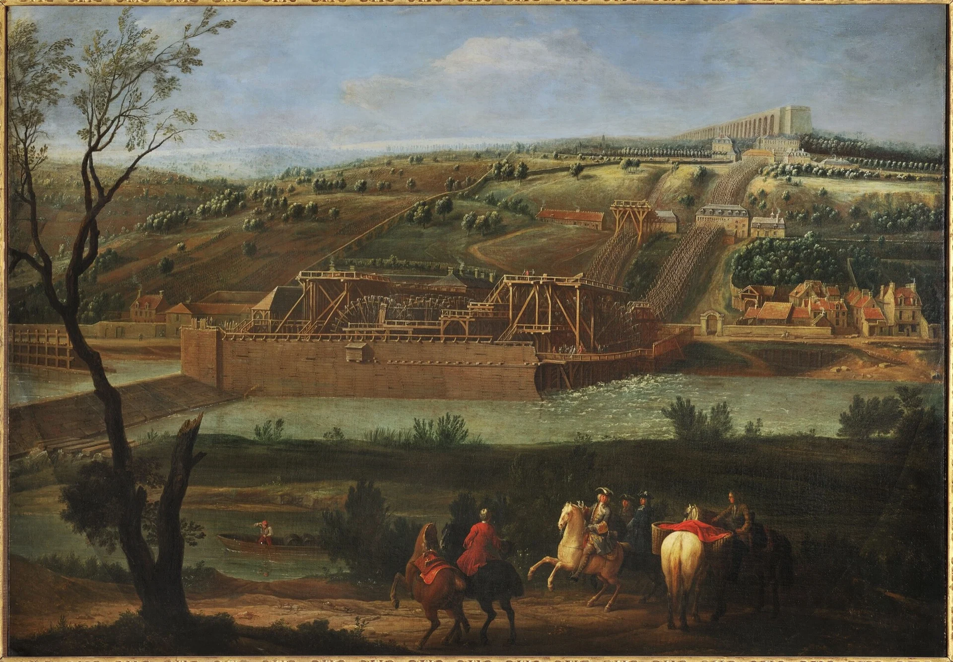 Pierre-Denis Martin’s 1723 view of the Machine de Marly, with wheels and pumping structures climbing from the Seine toward the aqueduct.