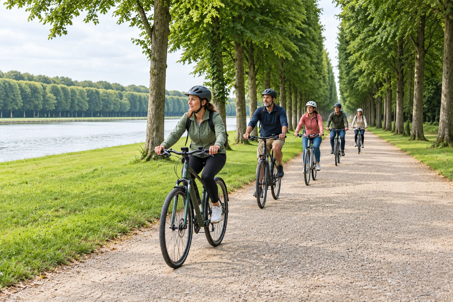Five helmeted adult cyclists follow a spaced line on a broad gravel path beside the Grand Canal, in an editorial illustration.