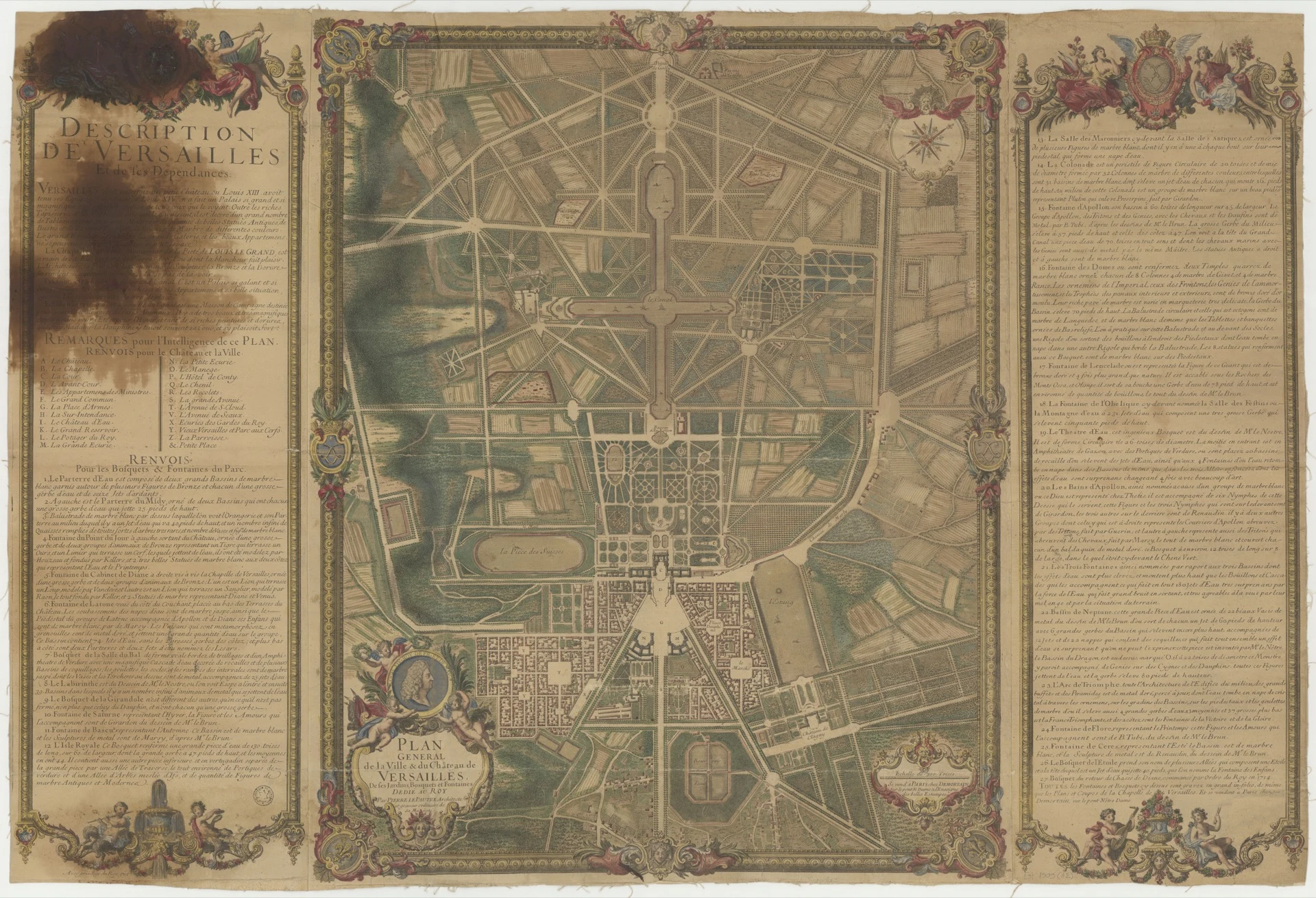 An early-eighteenth-century plan of Versailles showing the town, Palace, formal gardens, Grand Canal, park roads and Trianon in one ordered field.