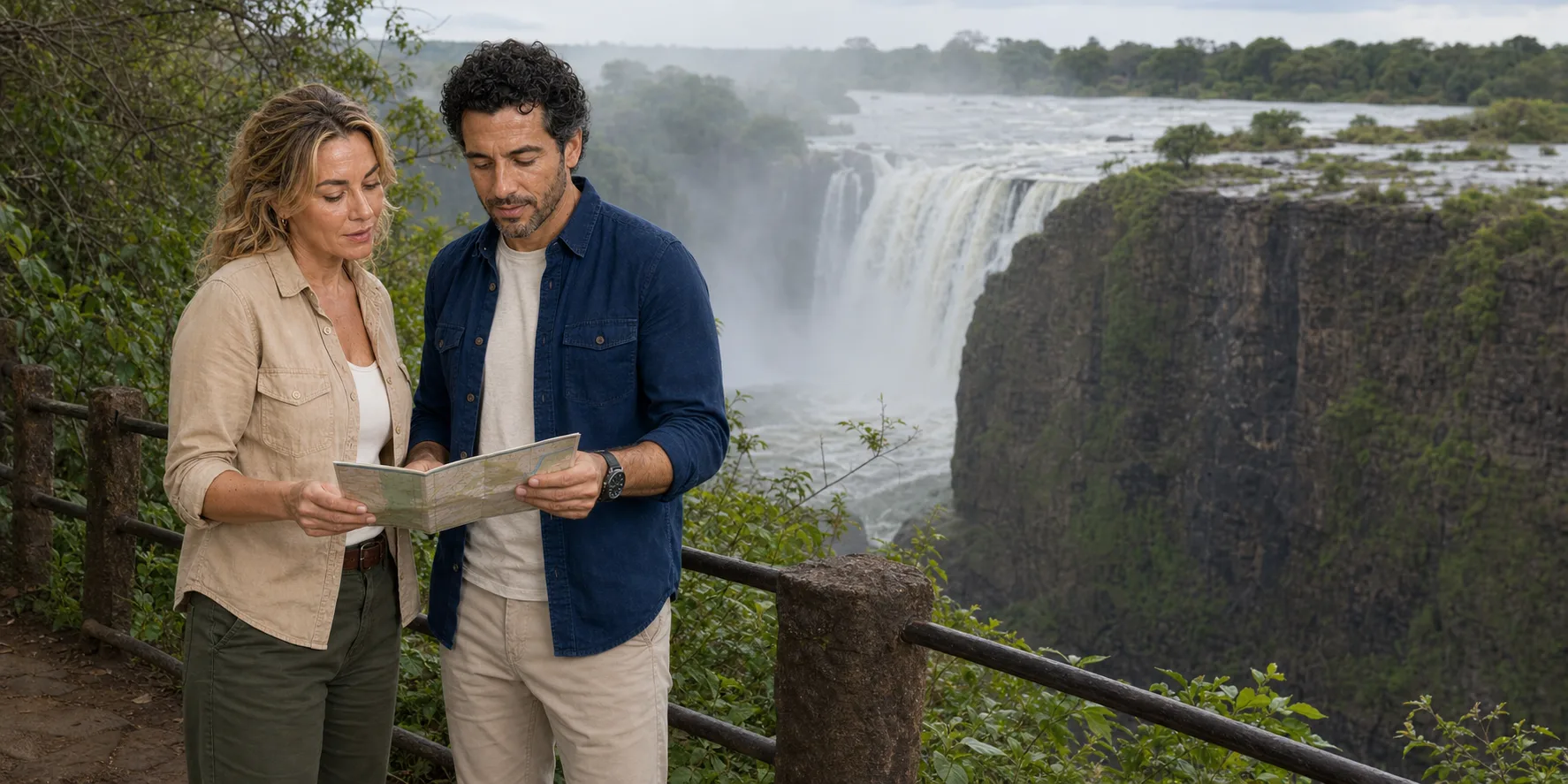 The ExcursionPass presenters read a route map beside a close, spray-facing view of Victoria Falls