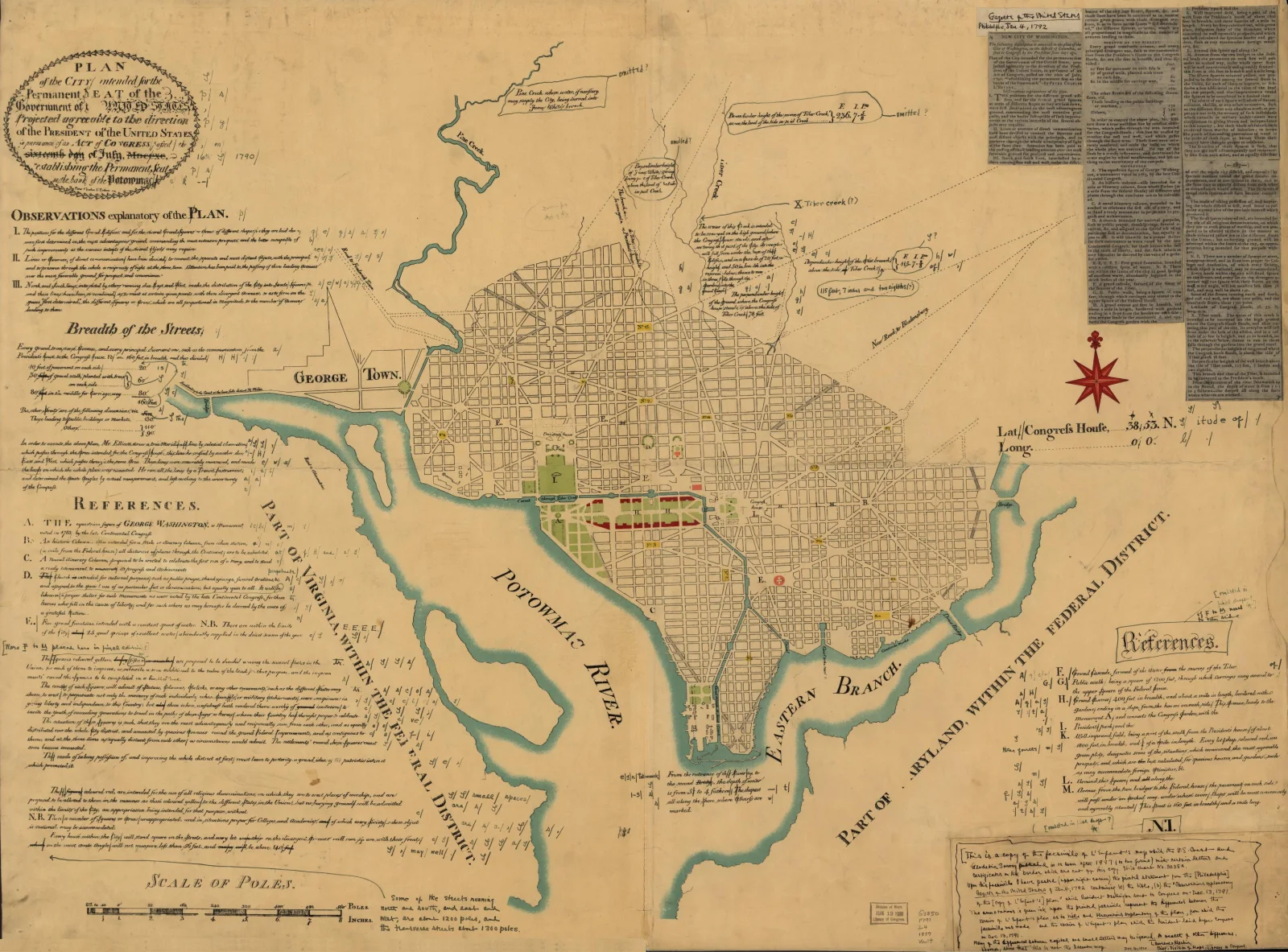 The 1791 L’Enfant plan for Washington shows a grid crossed by diagonal avenues and major civic sites.