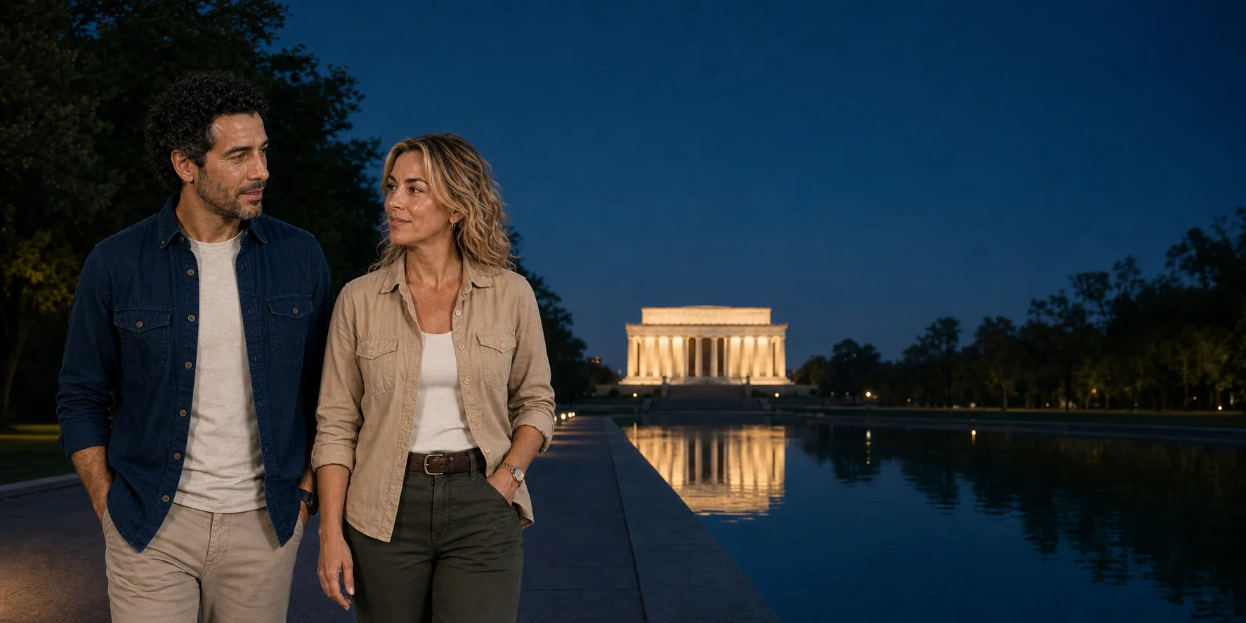Two ExcursionPass presenters beside the Reflecting Pool with the illuminated Lincoln Memorial in the distance